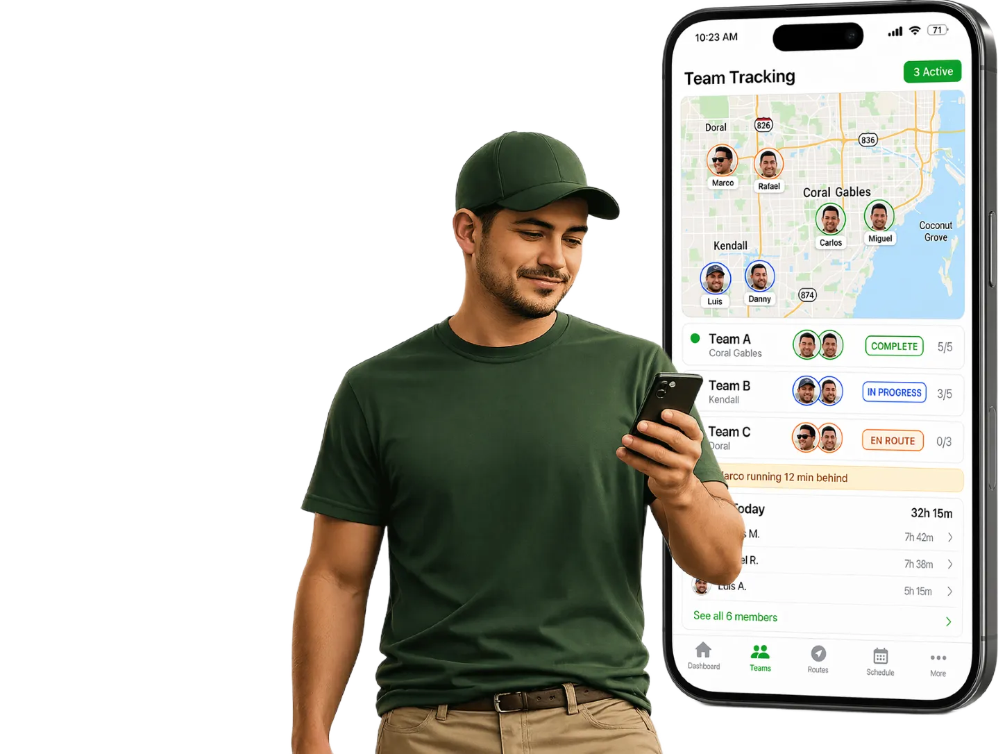 Landscaping team manager using GroundCrew app with dashboard visible