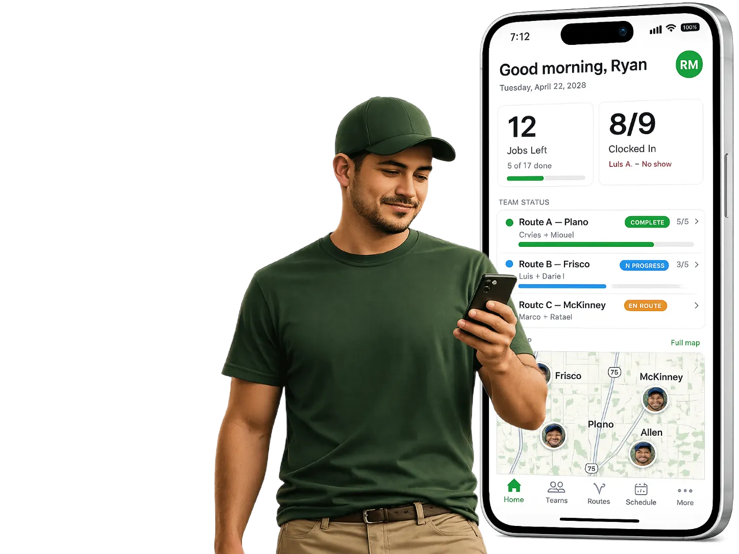Landscaping team manager using GroundCrew app with dashboard visible