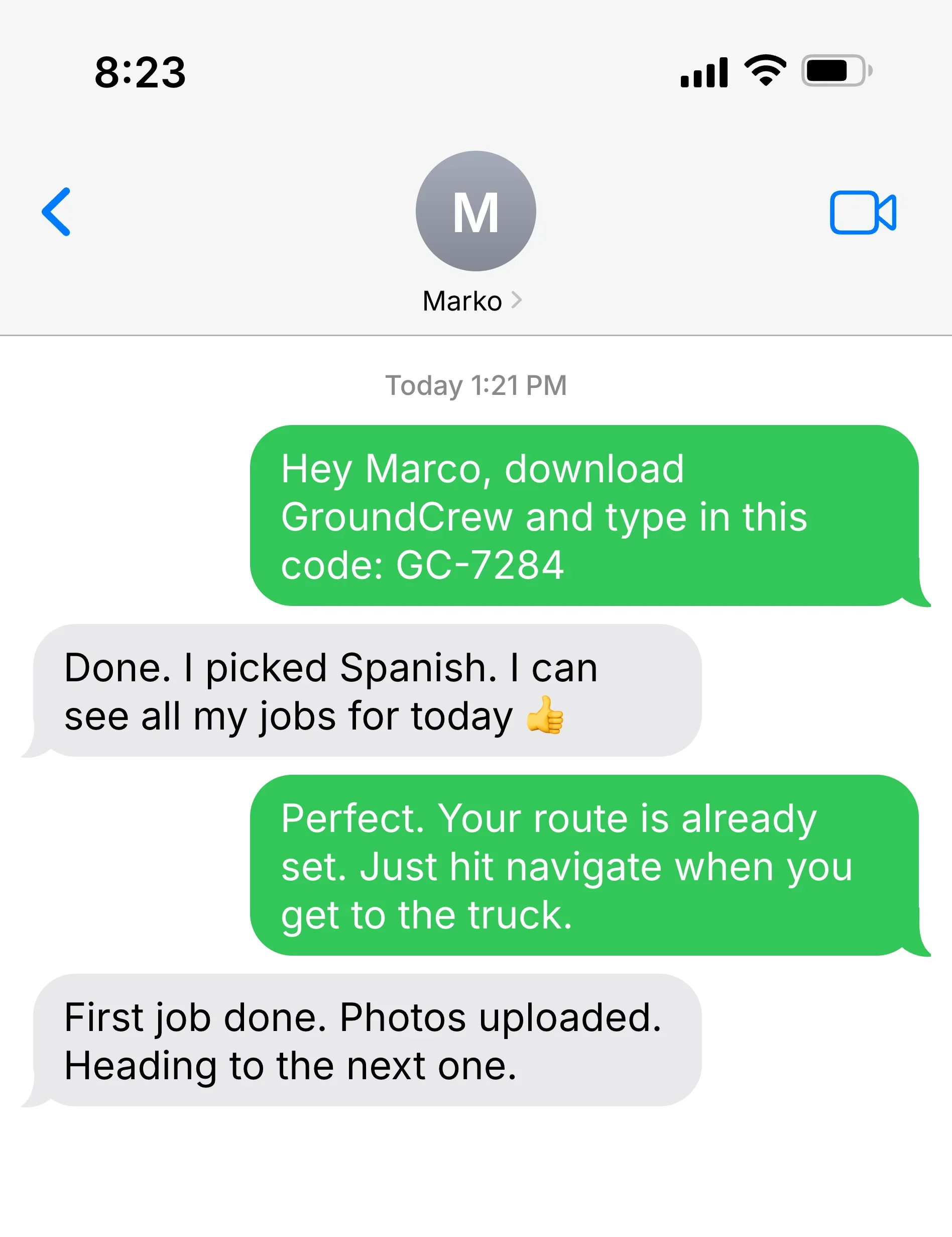 Text conversation showing how easy GroundCrew setup is
