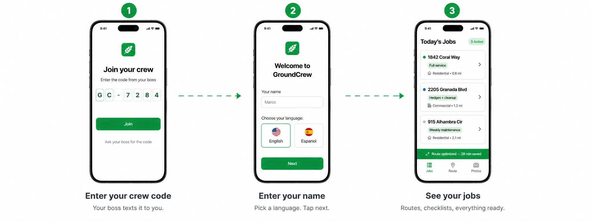 3 steps: enter crew code, enter name and language, see your jobs